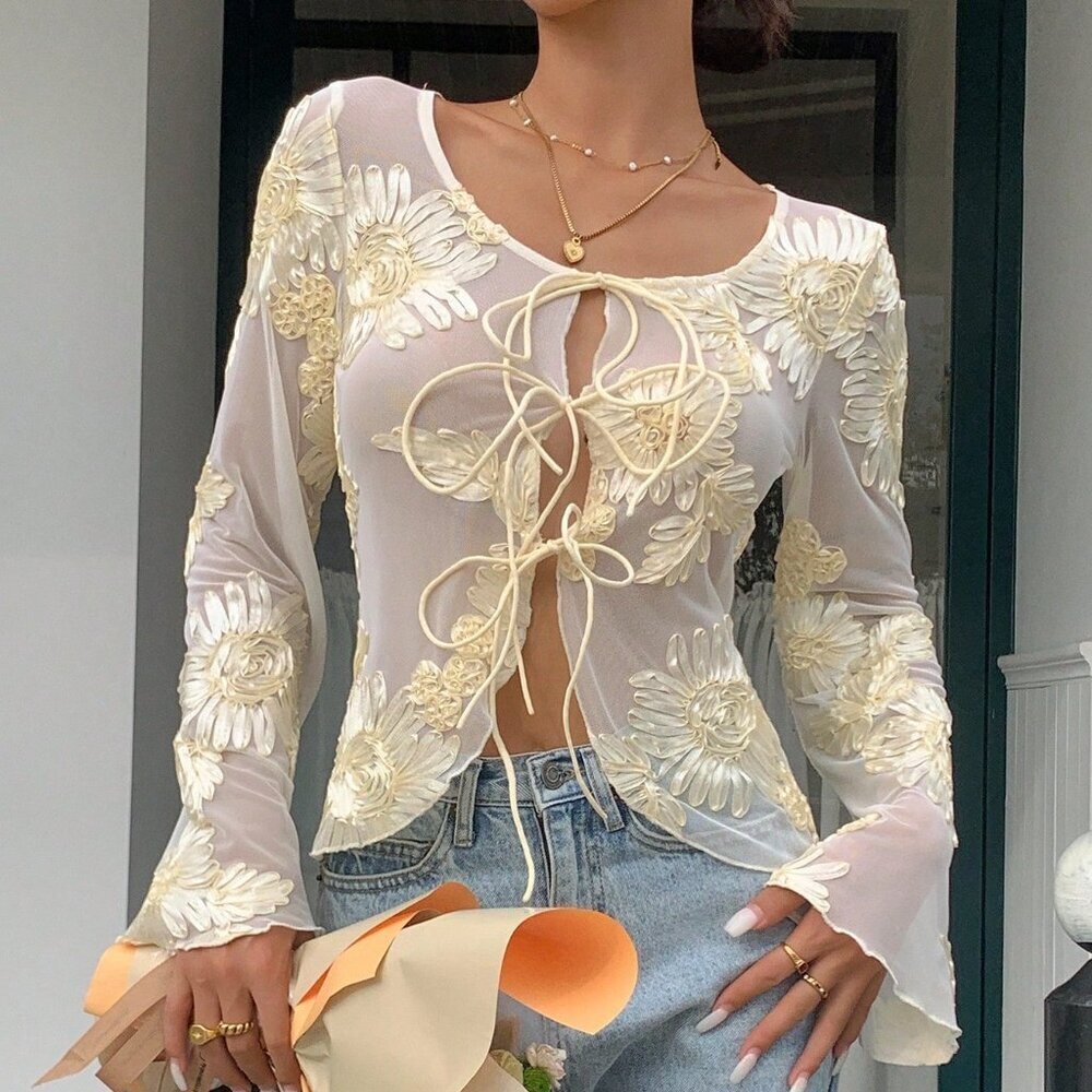 Apricot Elegant Women's Floral Mesh Long Sleeve Blouse - Picture 5 of 6